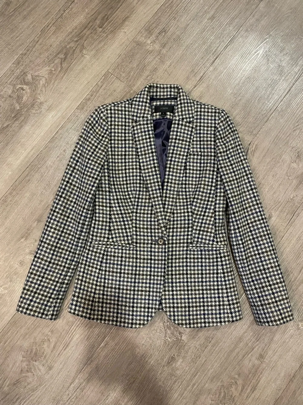 J. Crew Campbell Houndstooth Blazer Moon 100% Wool Blazer in Cream, Blue & Brown - Picture 2 of 13
